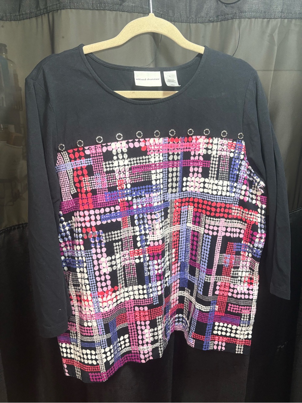 Alfred Dunner Black Long-Sleeve Scoop Neck Top with Pink, Purple & Red Dot-Print